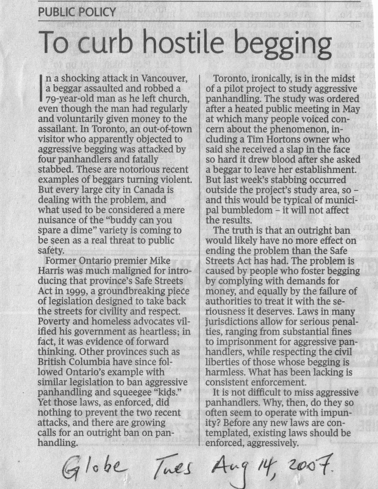 Letter to the Globe - Aug 14 2007